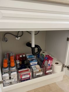 an under sink cabinet filled with toiletries and hygiene products