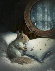 a painting of a squirrel sitting on top of a bed next to a round mirror