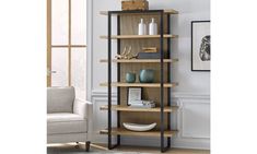 a tall wooden shelf in a living room