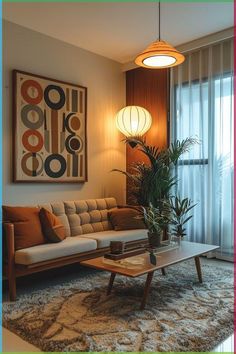 a living room with a couch, coffee table and potted plant in the corner