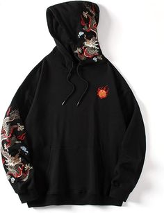 Niepce Inc Streetwear Dragon Embroidered Men's Heavyweight Graphic Hoodies (black-fire-dragon, Small) at Amazon Men’s Clothing store Fire Nation Cosplay, Hoodie Painting, Street Wear Photoshoot, Avatar Fire Nation, Nice Hoodies, Free Tshirt Design, Hoodies For Teens, Hoodie For Boys, Streetwear Tshirt Design