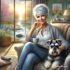 a painting of a woman sitting on a couch next to a dog and holding a book