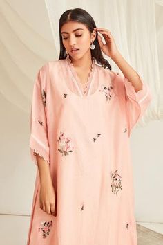 Shop for Sitaraa Peach Mul Mul Silk Chanderi Kaftan Tunic And Pant Set for Women Online at Aza Fashions V Neck Kaftan, Kaftan Tunic, Printed Palazzo Pants, Fabric Silk, Pant Set, Palazzo Pants, Set For Women, Flared Sleeves, Aza Fashion