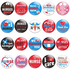 various badges with nurses and nurse symbols on them, all in different colors or shapes