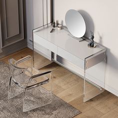 a white desk with a mirror and chair on top of it in front of a wall