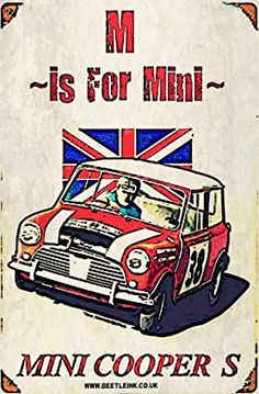 an old metal sign advertising mini cooper's car with the british flag on it