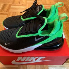 Super Comfortable Nike Air Max 270. Soft Cushioning With The Sock-Like Fit Of A Stretchy Inner Sleeve. These Are Truly Eye-Catching Color: Black/Chrome - Green Strike Size Is 7y Which Fits A 7 Men And An 8.5 Women Air Max 270 Black, Nike Air Max 270 Black, Black Nike Air Max, Chrome Green, Black Chrome, Nike Air Max 270, Nike Green, Cute Swimsuits, Air Max 270