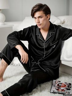 Russoo - Mens Long Sleeve Button-Up Shirt and Pants Pajama Set: High-Quality Sleepwear and Loungewear for Men Royal Pajamas, Silk Pajamas For Men, Pajama Party Outfit, Mens Silk Pajamas, Pajamas For Men, Men Loungewear, Pyjama Satin, Mens Nightwear, Couple Pajamas