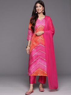 Elevate your style with our Pink and Orange Printed Kurta Set. Made from high-quality cotton, this set features a stunning bandhani print and intricate embroidery. The luxurious silk blend bottoms and dupatta add a touch of elegance to this traditional yet modern Indo-Western outfit. Perfect for any occasion. No. of pieces - 3 piece set. Color - Pink And Orange. Fabric - Cotton and Silk Blend. Washing Instructions - Dry Clean. Cotton Kurta Set, Bandhani Print, Western Outfit, Cotton Kurta, Orange Fabric, Intricate Embroidery, Indo Western, Kurta Set, Womens Size Chart