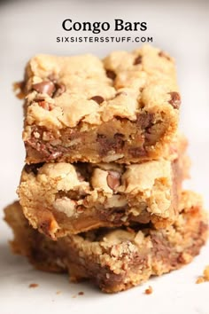 chocolate chip cookie bars stacked on top of each other