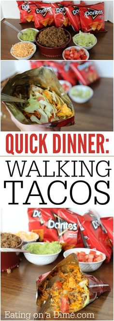 some tacos are sitting on a table with the words quick dinner walking tacos