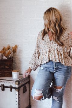 WOVEN GAUZE BLOUSE V NECK LONG SLEEVE 3 BUTTON FRONT DETAIL CROP LENGTH WOVEN FRONT DETAILING RELAXED FLOWY FIT ELASTIC CUFF 100% RAYON IMPORTED TRACY IS WEARING A SMALL Gauze Blouse, Cute Blouses, Kinds Of Clothes, Dream Closet, Cuff, V Neck, Elastic, My Style, Cream