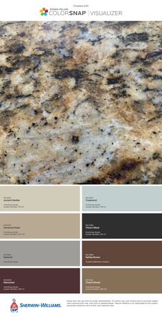 the color scheme for this granite countertop is brown, tan and white with black accents