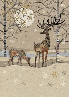 two deer standing next to each other on a snow covered ground with trees and snowflakes