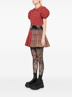 Red Fitted Plaid Dress With Short Sleeves, Fitted Red Plaid Dress With Short Sleeves, Chopova Lowena, Press Studs, Check Pattern, Dress Red, Waist Belt, Puff Sleeves, Pleated Skirt