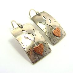 Grow Love, Nature Earrings Artistic Silver Copper Earrings, Artistic Silver-colored Copper Earrings, Soldered Copper Earrings As A Gift, Vintage Hand Forged Earrings As Gift, Hand Forged Vintage Earrings As Gift, Rustic Hand Forged Earrings For Gift, Hand Forged Rustic Earrings For Gift, Stamped Metal Earrings For Gifts, Hammered Copper Earrings For Gift