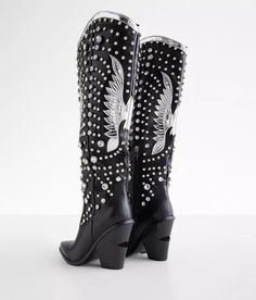 These Western boots are adorned with stunning rhinestone detailing, adding a touch of elegance to any outfit. Made with high-quality materials, they provide both style and durability. Perfect for a night out or adding a little flair to your everyday look Approx. 21” boot shaft height Approx. 16" boot shaft circumference Approx. 4.25” heel height Black Sparkle Cowboy Boots, Black And Silver Cowboy Boots, Black Western Knee-high Boots For Party, Boots With Heel, Bota Western, Western Black Knee-high Boots With Reinforced Heel, Black Western Knee-high Boots With Reinforced Heel, Cute Cowgirl Boots, Cowgirl Boots Outfit