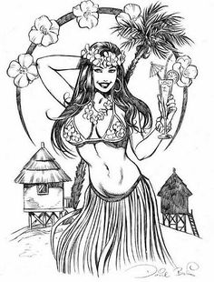 a woman in a hula skirt with flowers on her head and palm trees around her neck