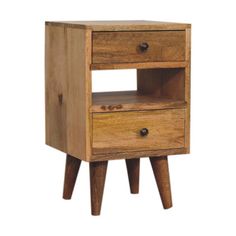 a small wooden table with two drawers on one side and an open drawer on the other