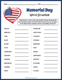 memorial day word scramble with an american flag heart