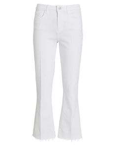 Fit Information:     High-rise.          Cropped flare silhouette.   Stretch denim.  Details:       Fabric: 93% cotton, 6% polyester, 1% spandex.   Machine wash cold.   Made in USA.   Model is 5'10" and wearing size 26.   Rise: 10".   Inseam: 26". High Rise White Flares For Spring, Trendy White Spring Flares, Cotton Flares With Five Pockets, White Flare Jeans For Fall, Chic Cotton Flares With Flared Hem, White Cropped Leg Flare Jeans For Fall, White Cropped Flare Jeans For Fall, White Flare Denim Jeans, Trendy Flare Cropped Cotton Jeans