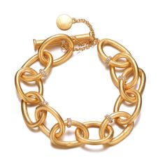 Stylish 14K Gold Plated Cubic Zirconia Chain Bracelet. This stylish item features interesting design that is made out of large links , accented with clear round cubic zirconia stones set on one side of the link. Crafted with 14K Gold Plating and it is secured with toggle clasp. Perfect piece of jewelry for stylish combinations. This item also makes a great gift as well. Trending Bracelets, Multi Strand Bracelet, Classic Gold, Beaded Stretch Bracelet, Toggle Clasp, Gold Plated Chains, Stylish Accessories, Gold Plating, Bracelet Set