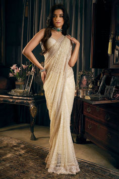 Style with Seema Gujral's Ivory Net Embroidered Geometric Pattern Sequin Saree Gold Net Saree, Ivory Saree, Strappy Blouse, Seema Gujral, All Over Embroidery, Sequin Saree, Net Saree, Gold Sequin, Sequin