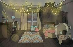 a cartoon bedroom with lights strung from the ceiling