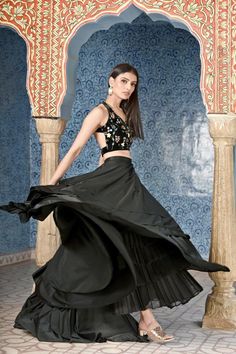 Black Velvet Blouse with High Low Satin Lycra Skirt - Trendroots High Low Lehenga, Black Lehenga Choli, New Lehenga, Black Velvet Blouse, Trendy Bridesmaids, Hand Embroidered Blouse, Black Lehenga, Bridal Lehenga Collection, Full Maxi Skirt