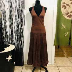 Jfw Brown Tiered Halter Dress. Crochet Trim. Size 5. 100% Cotton. New Without Tags. When Laid Flat And Measured From Side To Side At The Armpits Measures 15.5 Inches Across. Total Length From Top Of Back To Bottom Hem 41.5 Inches. Casual Brown Halter Neck Maxi Dress, Brown Cotton Summer Dress, Casual Cotton Halter Neck Maxi Dress, Fitted Cotton Maxi Dress For Beach, Cotton Fitted Maxi Dress For Beach, Spring Brown Halter Neck Maxi Dress, Brown Stretch Dresses For Summer, Brown Stretch Summer Maxi Dress, Brown Stretch Summer Dress