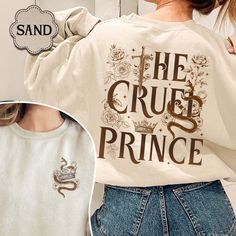 a woman wearing a white shirt with the words'the cruel prince'printed on it