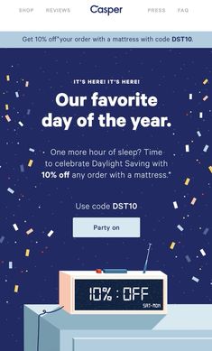 an advertisement for caspero's new year's eve sale with the message our favorite day of the year, one more hour of sleep? time to celebrate daylight saving with 10 % off