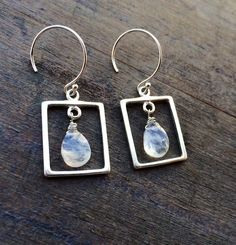 Rainbow Moonstone earrings.  Modern jewelry.  Sterling silver Silver Minimalist Earrings With Natural Stones, Silver Rectangular Wire Wrapped Jewelry, Rectangular Silver Wire Wrapped Jewelry, Silver Wire Wrapped Jewelry, Cleaning Silver Jewelry, Moonstone Earrings, Jewelry Sterling Silver, Natural Rainbow, Modern Earrings