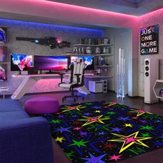 a living room filled with lots of furniture and colorful stars on the rug in front of it