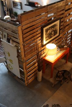 an image of a room that is made out of pallet wood