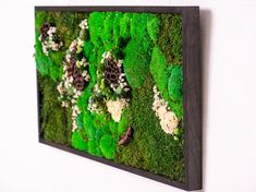 a moss covered wall hanging on the side of a building with pine cones and white flowers