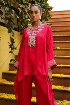 Buy Pink Chiffon Embroidery Crystal Tassel Jhilmil Kaftan And Palazzo Set For Women by Ajiesh Oberoi Online at Aza Fashions. Pink Kaftan, Chiffon Embroidery, Embroidered Kaftan, Rani Pink, Palazzo Set, Pink Chiffon, Watches Women Fashion, Set For Women, Aza Fashion