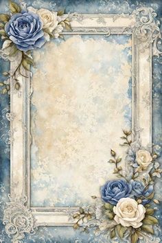 a blue and white frame with roses on it