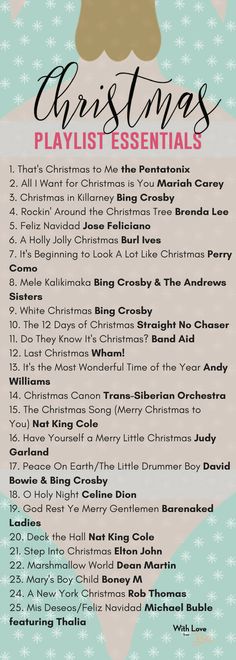 the christmas playlist essentials list is shown in pink and blue, with snowflakes on it