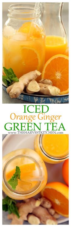 an orange ginger green tea is shown in two pictures