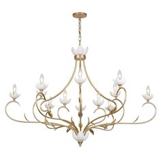 a large chandelier with white flowers hanging from it's center and gold trimmings