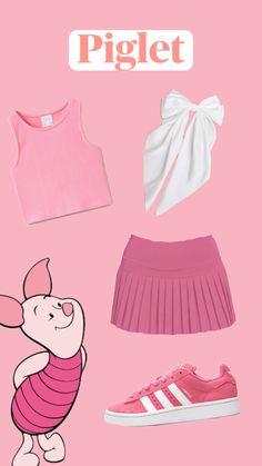 a pink shirt, skirt and shoes with the words piglet written on it in white