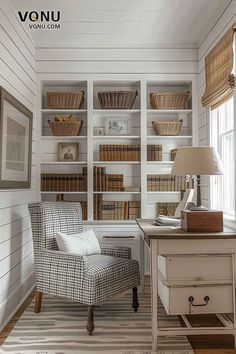 a chair sitting in front of a book shelf filled with books and baskets on top of it