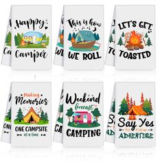 six tea bags with campers and camping related designs on them, all printed in different colors