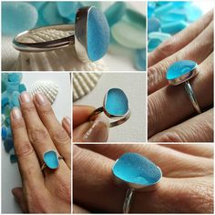 the process of making a ring with blue sea glass and silver setting on it's side