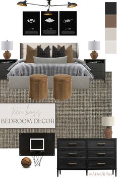 Teen boys masculine bedroom decor mood board with black and brown tones! Boys bedroom decor ideas Pb Teen Bedrooms Boys, Masculin Bedroom Ideas, Swanky Bedroom Ideas, Masculine Industrial Decor, Teen Boys Room Rug, Black Furniture Boys Bedroom, Bright Masculine Bedroom, Teen Boy Bedroom Mood Board, Masculine Guest Bedroom Ideas