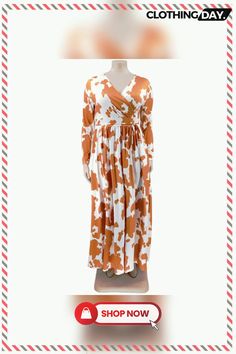 Plus Size Printed V Neck Long Sleeve Maxi Dress Chic Fall Maxi Dress With Surplice Neckline, Casual White Maxi Dress For Fall, Fall Dress With Surplice Neckline For Day Out, Non-stretch Maxi Dress For Fall Vacation, Fall Vacation Maxi Dress Non-stretch, Casual Orange Long Sleeve Maxi Dress, Fitted Maxi Dress With Surplice Neckline For Fall, Casual Maxi Dress With Surplice Neckline For Fall, Fall Casual Midi Dress With Surplice Neckline