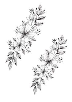 a black and white drawing of flowers with leaves on the bottom half of each flower