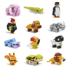 the lego animals are all different colors and sizes