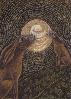 Two brown hares sit on a hill which is illustrated with branching vines. They face each other, ears back and noses pointing upwards. One hare is further away than the other. Behind them, a large circle of leaves or twine is encircled by rows of handwritten text relating to hares. Gothic Images, Folk Horror, Bedroom Painting